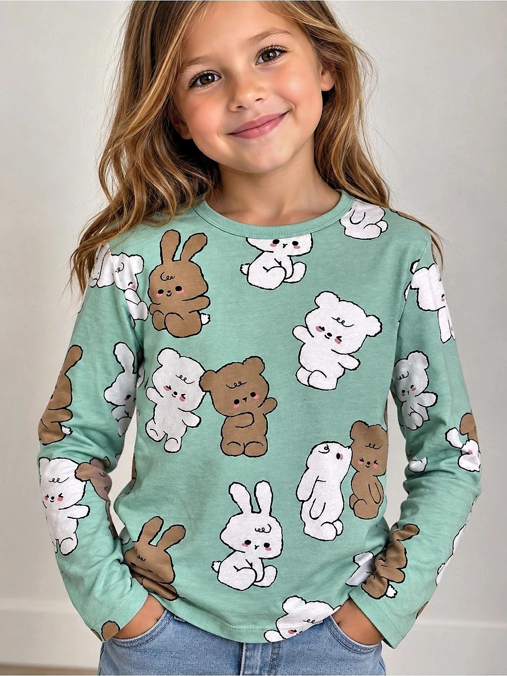 H&M Girls 6X/7 Kawaii Bunny Teddy Bear Print Long Sleeve Top